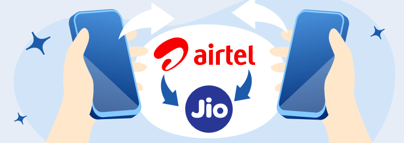 two mobile phones shown under the process of airtel to jio port
