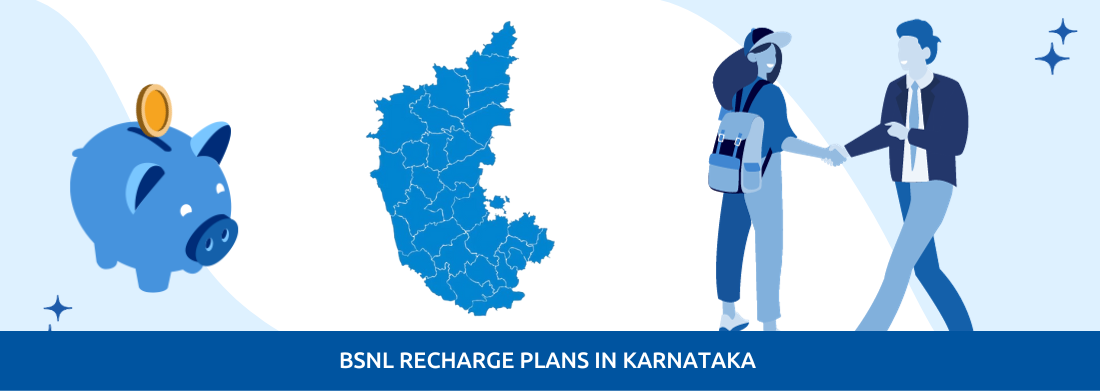 two people shaking hands beside a map of Karnataka & a piggy bank showing savings of BSNL plans