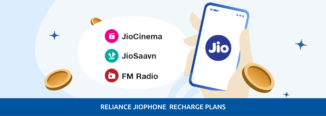 A JioPhone shown alongside apps like JioCinema, JioSaavn and FM Radio