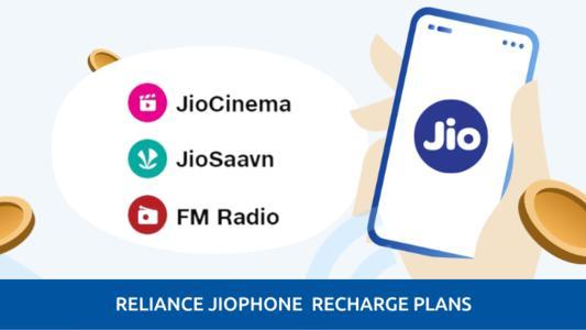 A JioPhone shown alongside apps like JioCinema, JioSaavn and FM Radio